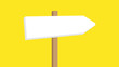 A single blank signpost pointing right set against a yellow background