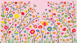 Fototapeta Kosmos - Vibrant Blooms: Spring Design with Colorful Flowering Branches on a Light Pink Background