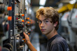 © Ekaterina - Young technician adjusting control panel in machinery room. Close-up shot with selective focus. Technical education and industrial job concept for educational brochure, invitation