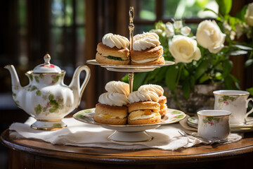 A tea party with a variety of sandwiches and cakes on a table