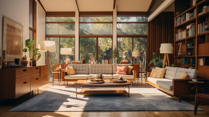 Wall Mural - A living room with a large window and a lot of furniture