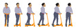 Vector concept conceptual silhouette of a child riding a scooter from different  perspectives isolated on white background. A metaphor for sport and fun, leisure and transportation, lifestyle