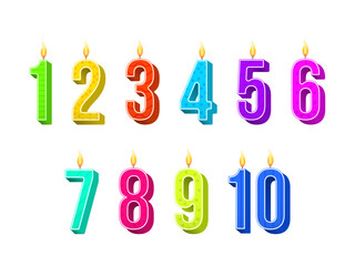 Wall Mural - Celebration cake candles burning lights, birthday number and party candle. Birthday anniversary numbers candle. Template set of symbols for invitation to the anniversary. Vector illustration