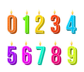 Wall Mural - Celebration cake candles burning lights, birthday number and party candle. Birthday anniversary numbers candle. Template set of symbols for invitation to the anniversary. Vector illustration