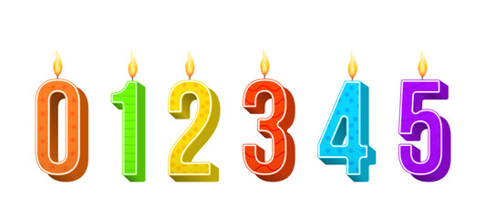 Wall Mural - Celebration cake candles burning lights, birthday number and party candle. Birthday anniversary numbers candle. Template set of symbols for invitation to the anniversary. Vector illustration