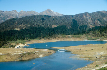 View of penga teng tso lake with scenic landscape and alpine valley in tawang district of arunachal pradesh, north east india