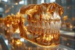 Golden denture on a glass vitrine