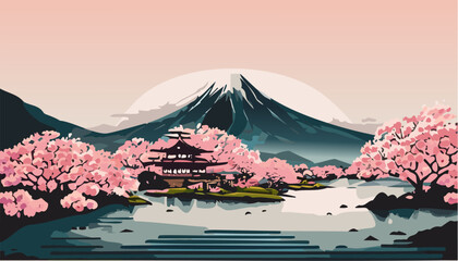 Wall Mural - Japanese garden with cherry blossoms and lake and mountains