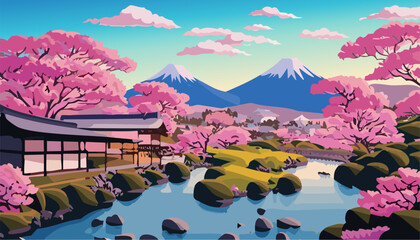 Wall Mural - Japanese garden with cherry blossoms and lake and mountains