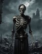 A skeletal figure stands in a grim battlefield under a haunting moon, surrounded by remnants of the dead