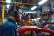 mechanic with earmuffs in an auto workshop