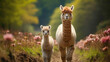 A fluffy alpaca cria (baby alpaca) standing beside its mother in a picturesque field, their woolly coats and gentle demeanor radiating cuteness.