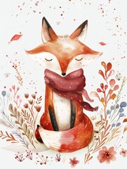 Canvas Print - Charming Autumnal Fox in Woodland Floral Setting