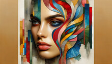 Woman's Face Intertwined With Colorful Abstract Shapes, Creating A Dynamic And Artistic Composition.