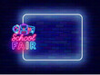 School fair neon advertising. Education shopping and stationery store. Empty white frame and typography with backpack, globe and chalkboard. Copy space. Editable stroke. Vector stock illustration
