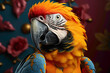 A fashionable parrot showcasing modern attire against a vibrant blue background, creating a lively and colorful animal portrait with a touch of style.