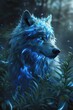 Blue glowing wolf in a mystical forest setting. Digital art animal portrait with fantasy concept for poster and book cover design. Close-up with illuminated details