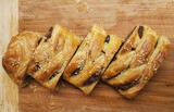 Fototapeta Perspektywa 3d - Slice of Banana strudel, famous for its crunchy, in a box, ready to serve.	
