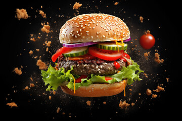 Sticker - Delectable Burger with Airborne Ingredients and Dynamic Composition