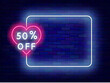 50 percent off sale neon advertising. Heart shape special offer. Romantic February shopping. Empty white frame. Copy space. Bright flyer. Glowing poster. Editable stroke. Vector stock illustration