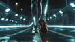 Futuristic robotic legs equipped with advanced technology running shoes are taking a step on a neon-lit street at night