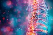 Glowing human spine visualizing pain with vibrant red and orange hues, medical illustration of back problems and spinal health