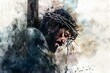 Jesus condemned to death, somber scene from the Passion of Christ, emotive digital watercolor painting