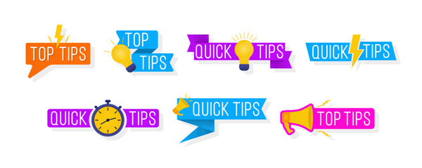 Quick tips shapes. Black - yellow speech bubble on white background with halftone effect. Quick tips, useful tricks logos, emblems and banners set isolated. Colorful tooltip, hint for website