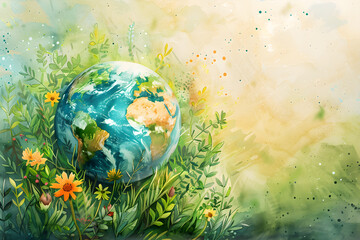 earth day concept in watercolor style, depicting a planet with a focus on the environment and conser