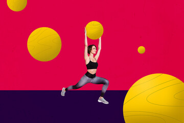 Canvas Print - Sketch image trend artwork composite 3D photo collage of young lady hold fitness ball in hand raise up sportswoman stretching balance