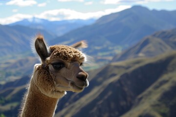 Canvas Print - closeup of an alpacas face with mountains in the backdrop