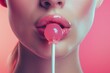 A woman is licking a pink lollipop with her mouth, trendy pink 90 vibe concept