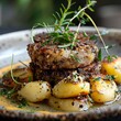 Close up of a meat and potatoes dish on a table, garnished with fines herbes, Scottish dish haggis