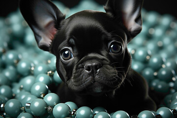 A cute mint-colored French Bulldog puppy sitting elegantly on a pristine white surface, capturing every charming detail.