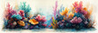 Underwater coral reef, clipcat details, warm watercolors, fish-eye lens view
