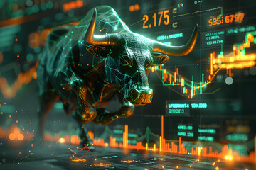 Stock market bull trading up. Symbolizing rising stock market, green colored. Concept of wall street business, bull market trader, crypto currency trading. 
