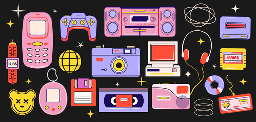 Leinwandbilder - Set and collection in the style of the 90s, 2000x. Sticker pack. Computer, cassette, floppy disk. Retro nostalgia mascots.  Player and audio tape recorder. Consoles and games. Camera, electronic clock
