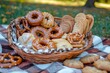 basket with doughnuts, pretzels, and cookies on a checkered blanket outdoors