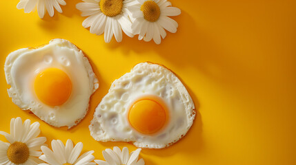 Two fried eggs and daisies on a minimal yellow background. Minimal food and spring concept. Flat lay. Magazine covers or food advertising with copy space.