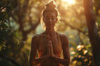 Female yogi in a meditative state during a calming sunrise. Connection with nature and self. AI Generated.