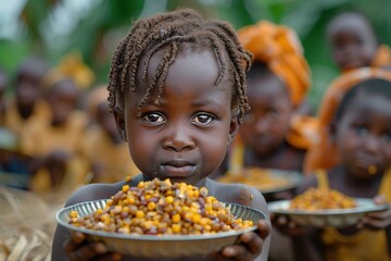 group of african children eating meager food with their hands from a metal plate