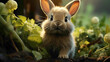 A close-up of a baby bunny nibbling on fresh greens, showcasing its soft fur and innocent eyes in a heartwarming scene of pure cuteness.