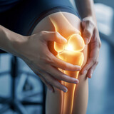 Fototapeta Tęcza - close up of a person holding knee, concept image knee pain or injury of cruciate ligament or cartilage