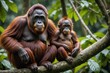 Bornean Orangutans (Pongo pygmaeus), adult female with young