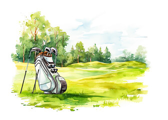 Wall Mural - Watercolor Golf Field with Golf Bag isolated on White Background