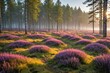 Heath landscape, flowering common heather (Calluna vulgaris), birch (Betula), morning mist