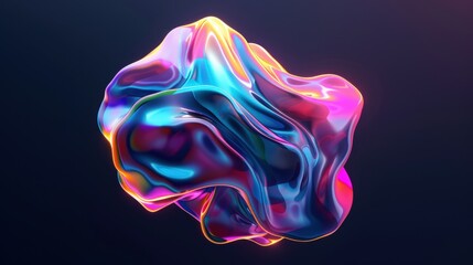 Abstract floating shape made of liquid metal. Holographic rainbow object material for graphic design.
