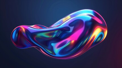 Abstract floating shape made of liquid metal. Holographic rainbow object material for graphic design.