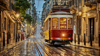 Canvas Print - Old tram in the city created with Generative AI technology