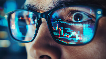 Wall Mural - A close-up of an eye reflecting vibrant digital stock market data through glasses.